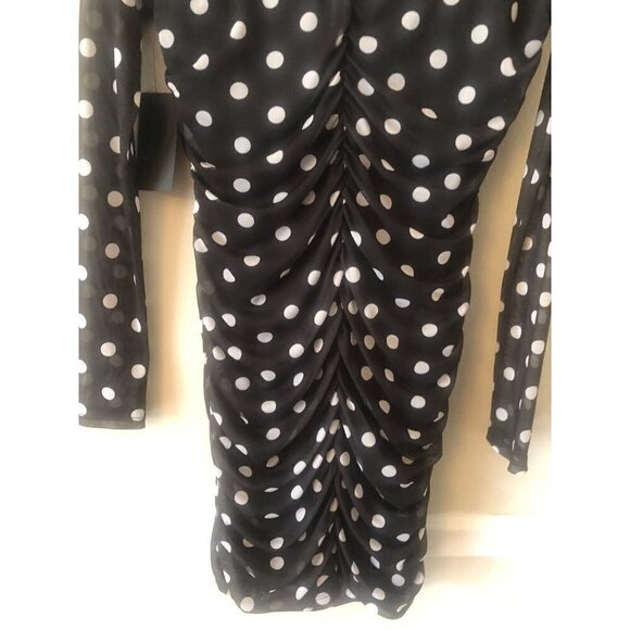 NWT Caution to the Wind Size M Black White Polka Dot Mesh Ruched Dress Bodycon - Picture 5 of 7